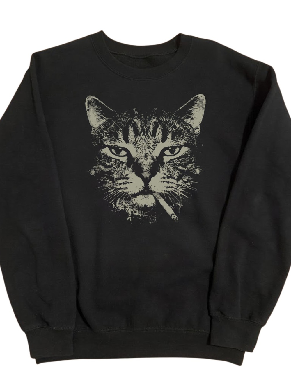 Gildan Black Crewneck Sweatshirt with Gray Cat Print, Gift For Him, For Her